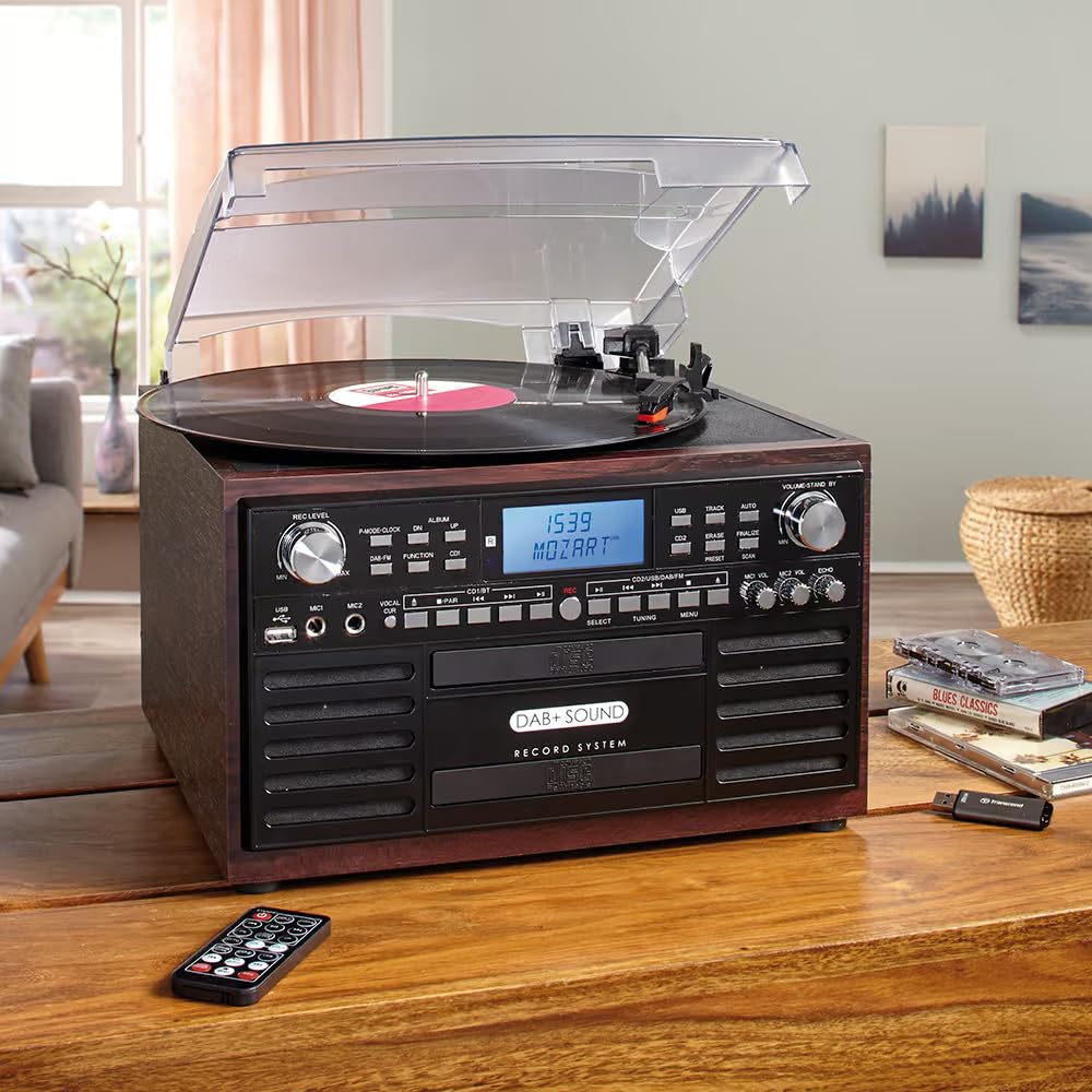 EUROtops Impianto musicale DAB+ con masterizzatore CD, giradischi e cassette | Bluetooth, registrazione USB, impianto compatto con 2 unità CD, impianto stereo, telecomando, grande display, impianto Hi-Fi