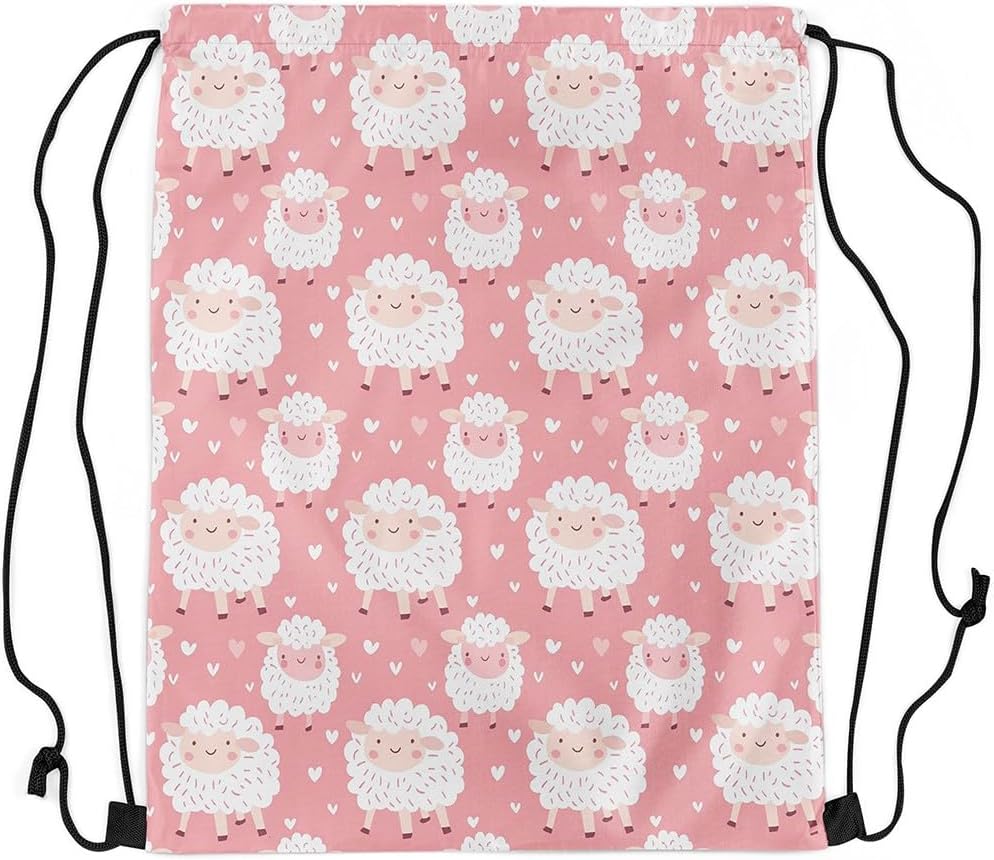 Cartoon Sheep Drawstring Backpack Gym Bag,Cute Love Heart Cinch Bag,Farmhouse Style Animals Foldable Draw String Back Bag Sports Bag