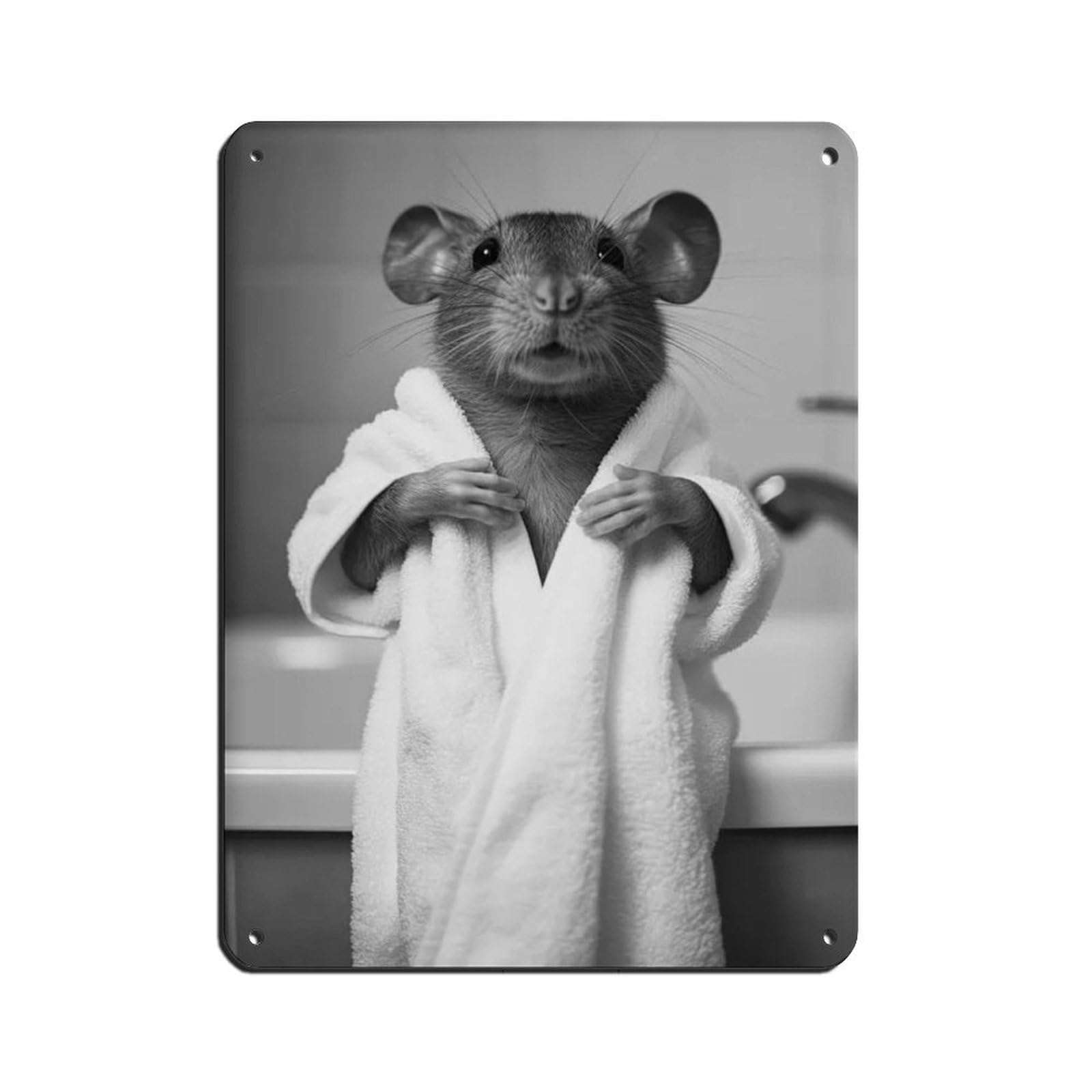 Mouse in A Bathrobe, Funny Bathroom Art Retro Poster Metal Tin Sign Chic Art Retro Iron Painting Bar People Cave Cafe Family Garage Poster Wall Decoration 12x16inch(30x40cm)