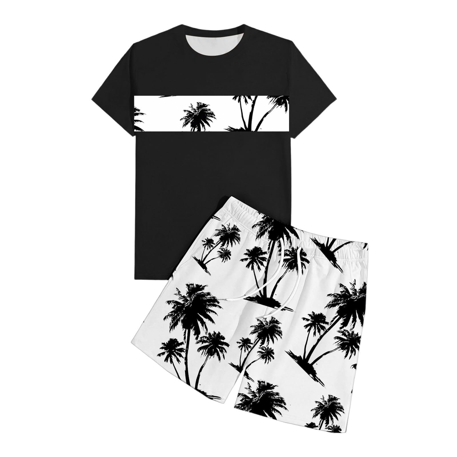 Completo Estivo Uomo Con Stampa Tropicale- 2 Pezzi Tuta Casual Per Spiaggia Completi,Tute Da Ginnastica Leggera T Shirt Manica Corta E Pantaloni Sportivi Magliette Set Per Passeggiate Fitness