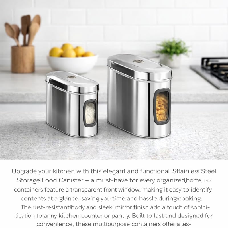 Image of Stainless Steel Capsule Food Canisters /Jars /Containers for Kitchen Storage with See Through Window - set of 2, 1850 & 2350 ml capacity, Silver
