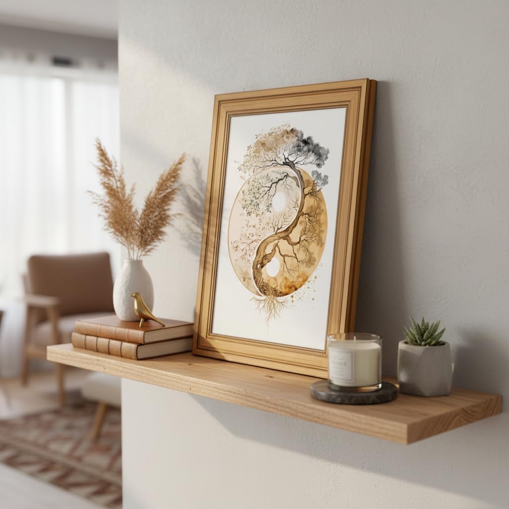 Vintage Gold Framed Tree of Life Canvas Wall Art, Neutral Zen Poster Print Artwork, Abstract Yin Yang Fall Painting Picture Wall Decor, for Living Room, Yoga Room, Hotel, Bedroom, Home Decoration, 12x16in