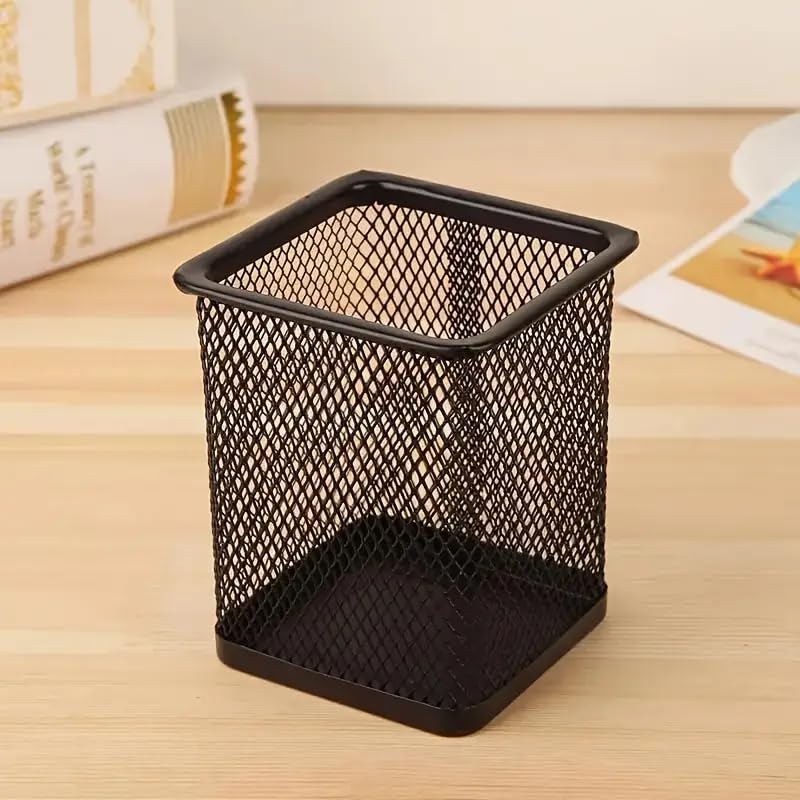 1 Pack Mesh Metal Pen Holder, Square Pencil Cup Holder for Home, School & Office Pen Organizer, Black
