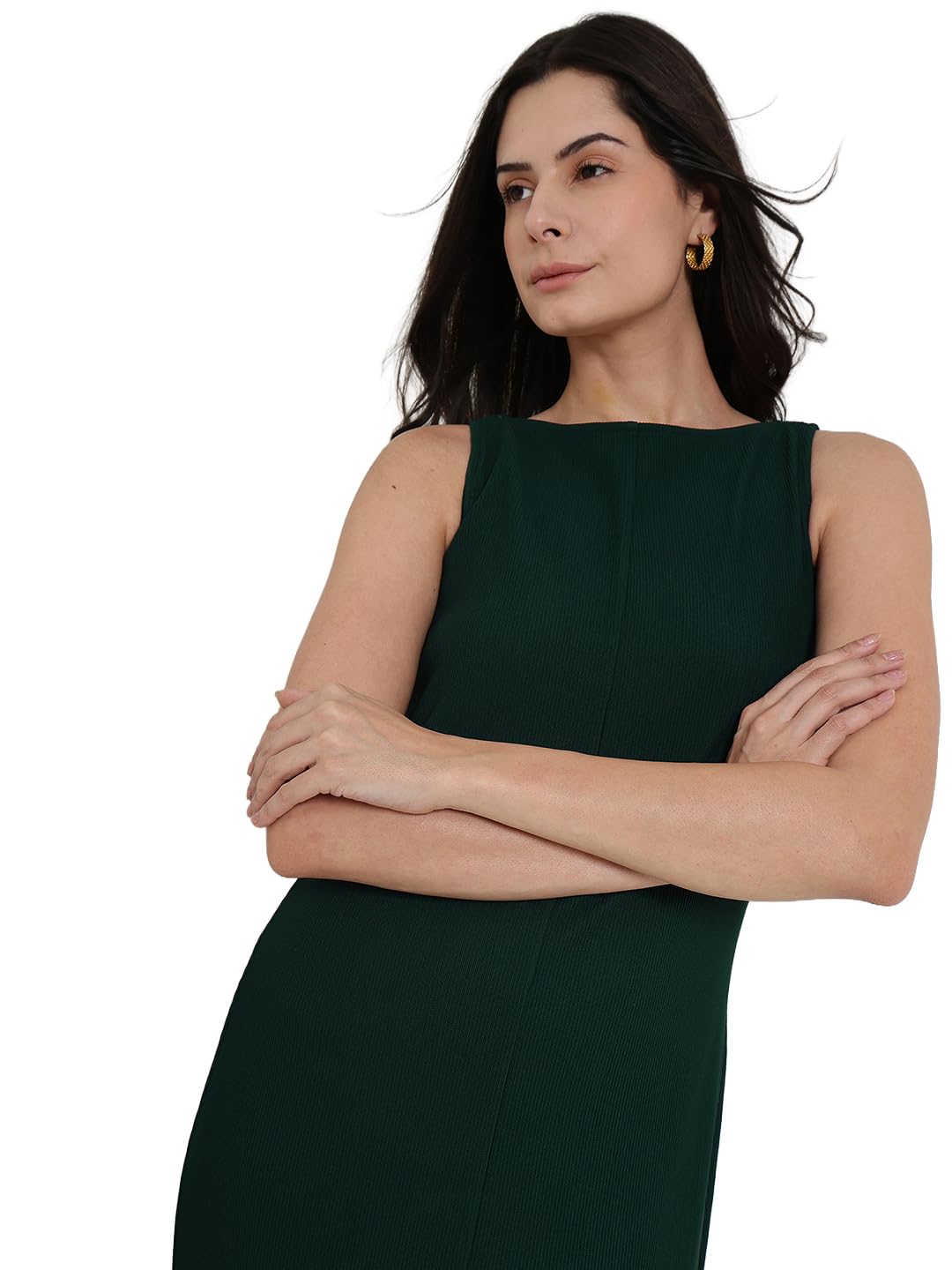 fablestreet Women Formal Dress | Slim Fit Sheath Midi Dress with Boat Neck & Sleeveless Design | Rib Knit Fabric with Front Slit for Workwear & Evening Style-picture-12