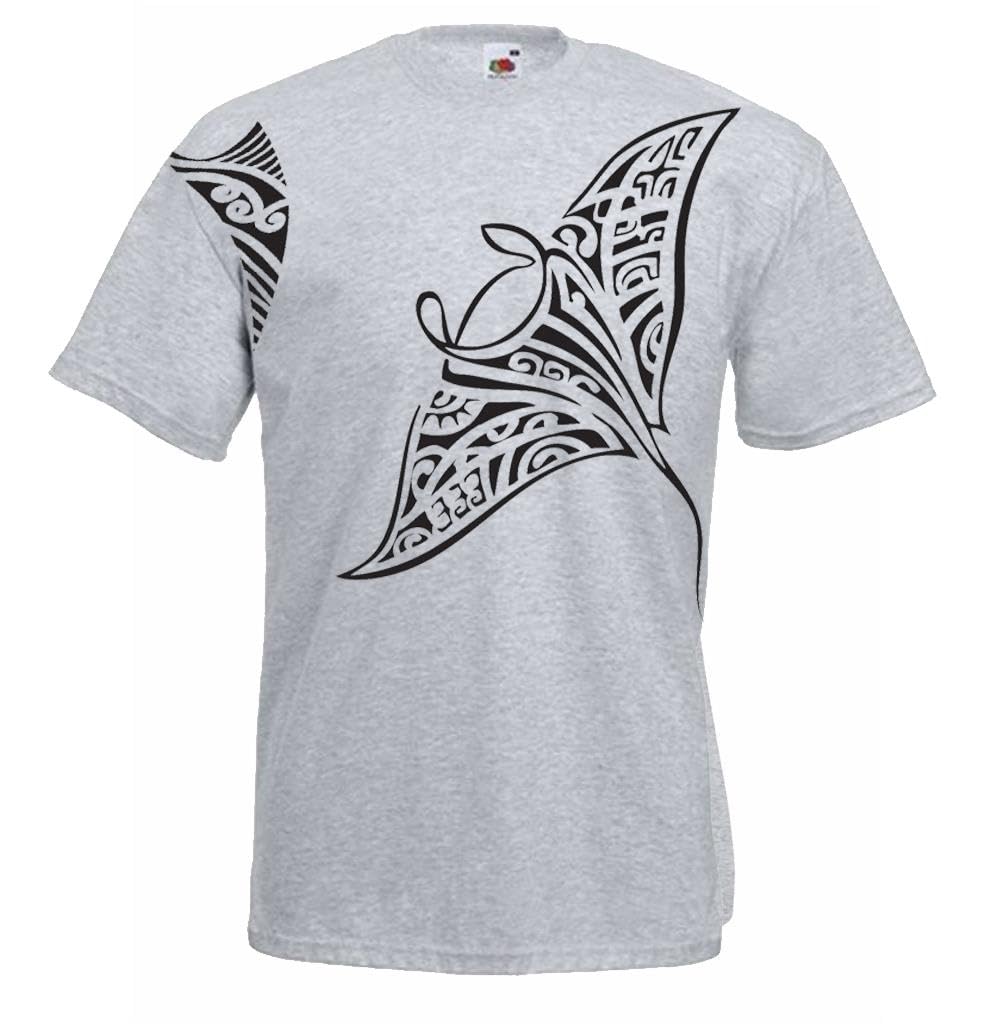 The Dragons Den Adults Polynesian Tribal Tattoo Stingray Samoans Maori Hawaiian Unisex Grey T-Shirt [XL]