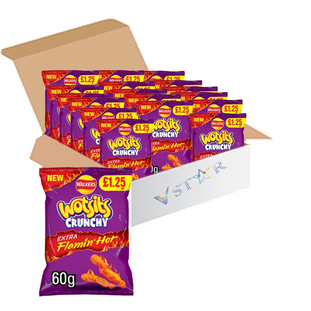 VSTARWalkers New Extra Flamin' Hot Snacks, Extra Hot, Xtra Spicy Crisps, Multipacks PM£1.25 (Pack of 12, Walkers Wotsits Crunchy Extra Flamin Hot)