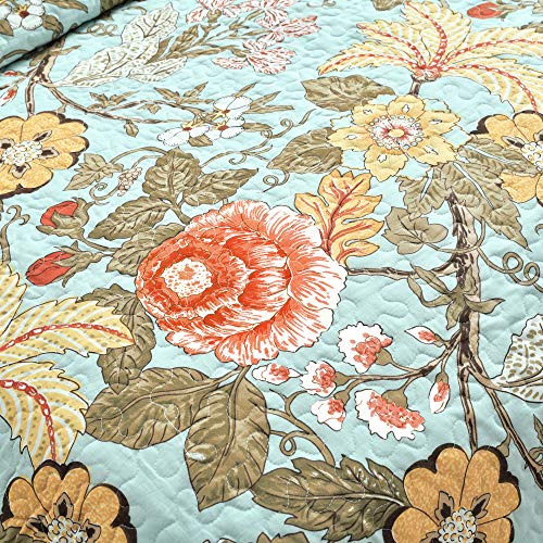 Image of Lush Decor Sydney Reversible Cotton Quilt Set, 3 Piece Set, King, Blue & Green - Cotton Bedding Set - Blue Floral Quilt - Cottage Decor - Bedding King Size