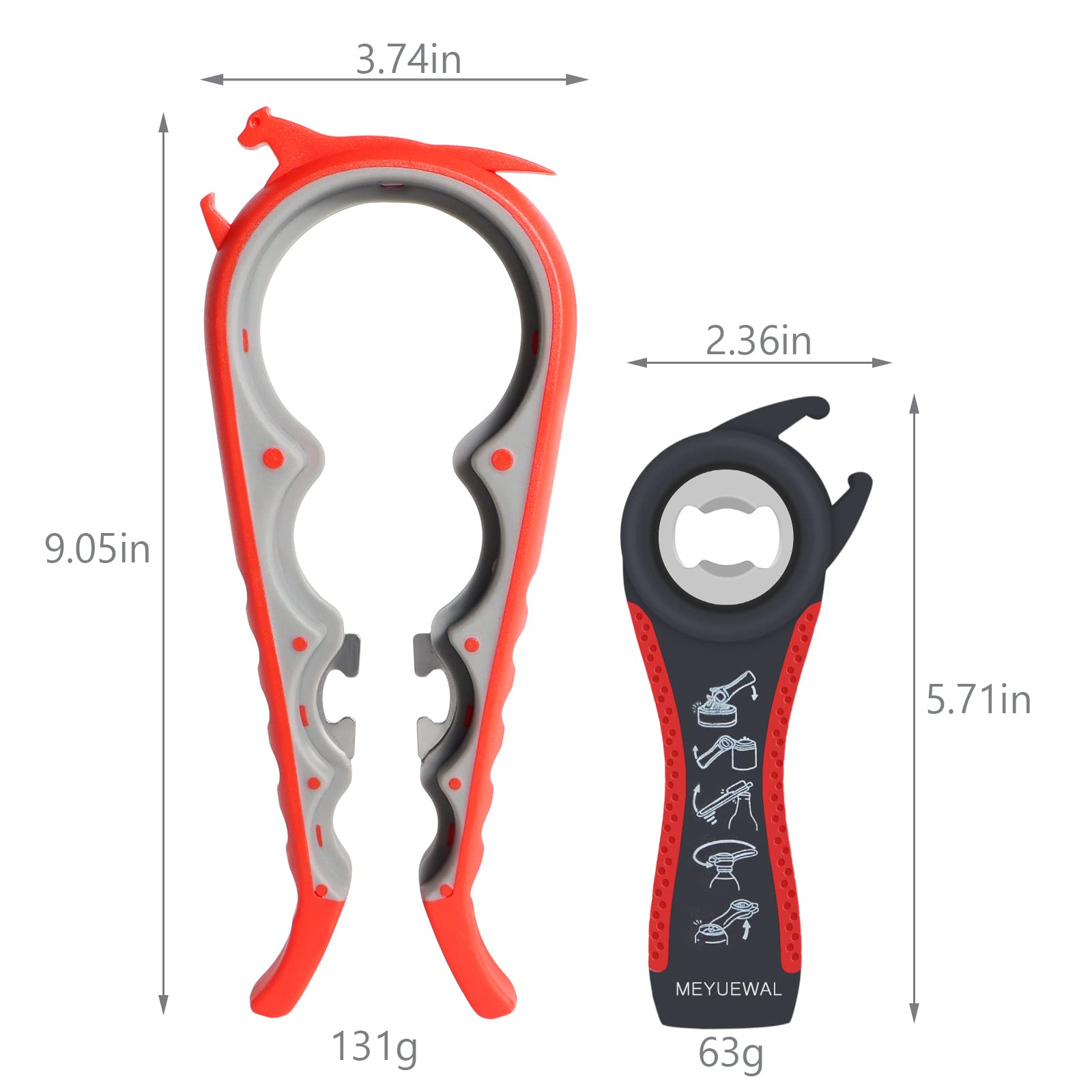 Abridor de tapas 6 en 1, abrelatas y botellas, tarros y latas para personas mayores con artritis o manos débiles, resistente y borde liso, color rojo