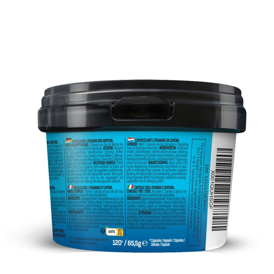 Bodylab24 Caffeine & L-Theanine 120 Kapseln - perfekt für den Alltag und das Training - 200mg Koffein & 200mg L-Theanin 