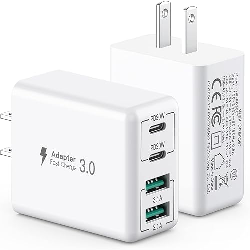 Paquete de 2 Cargador de pared USB C, bloque de cargador USB C de 40 W, bloque de carga rápida, doble puerto, PD+QC, enchufe de pared multipuerto disponible en Yaxa Peru