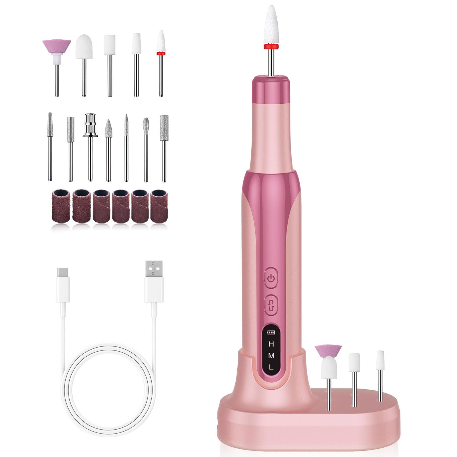 Cordless Nail Drill High Speed Electric Nail Drill, Portable Nail Files 3-Speed E File Nail Drill Machine with 12 Professional Nail Drill Bit, Double Mode Rechargeable Electric File for Gel Nails 17CM