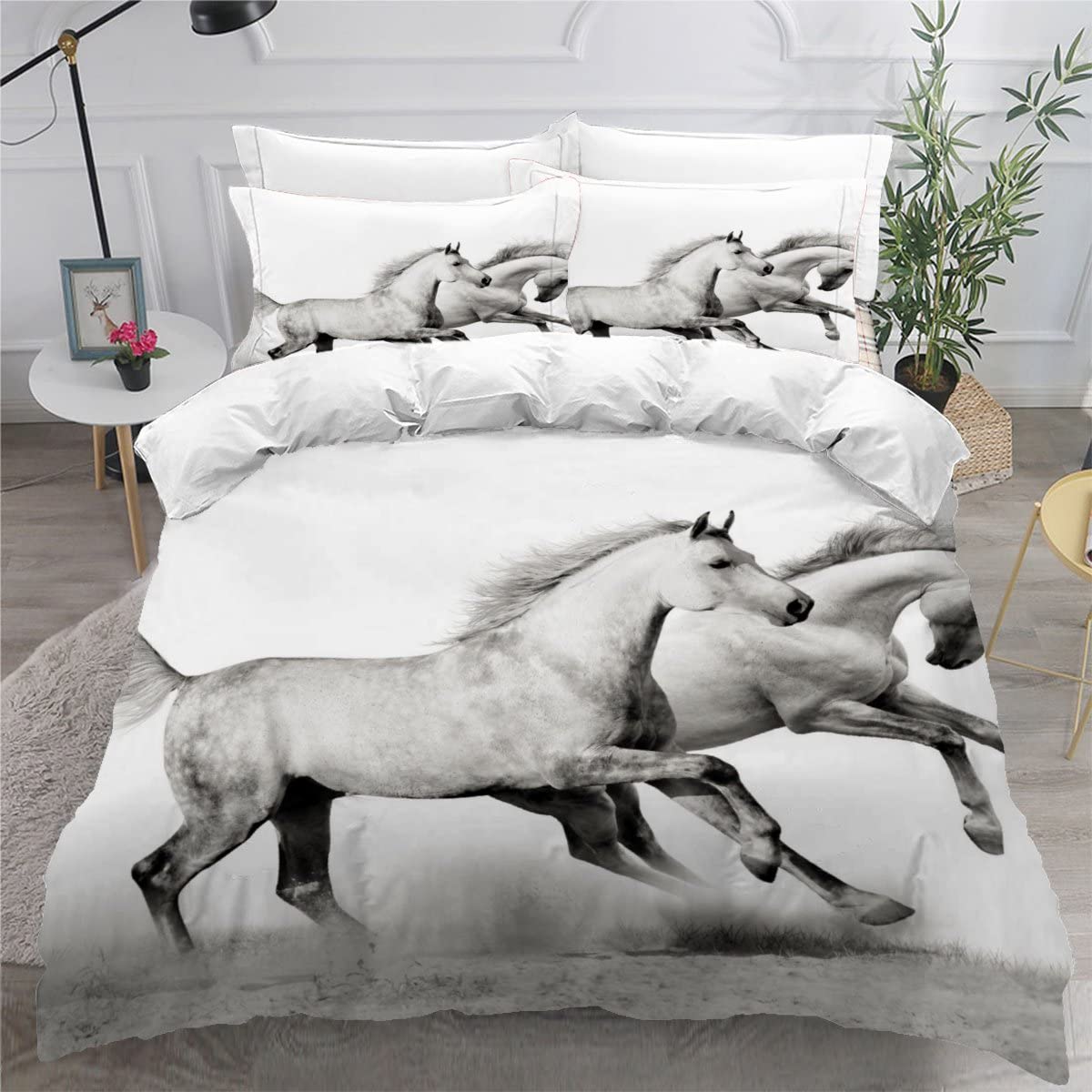 Housse de couette cheval parure de lit 2 personnes 200x200 microfibre avec taies