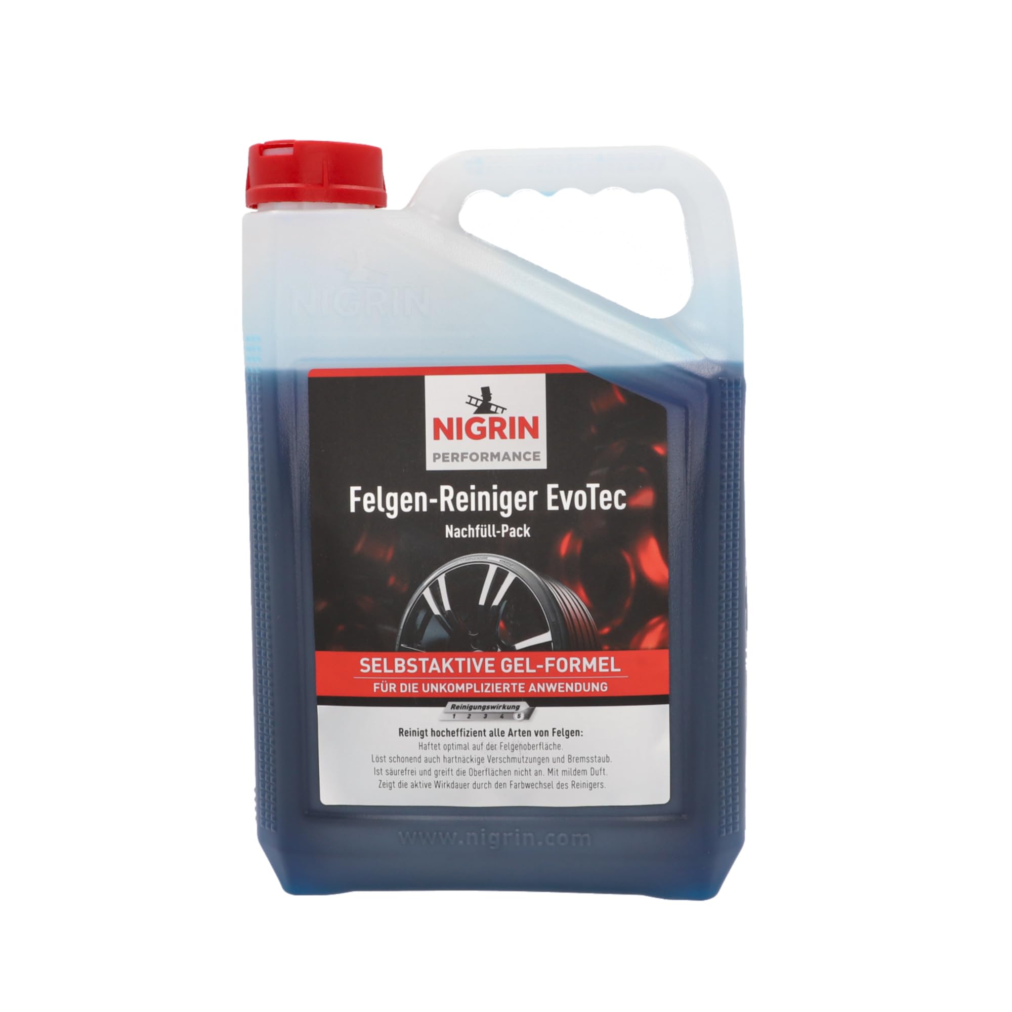 NIGRIN Felgen-Reiniger EvoTec hocheffektive Reinigung Aller Arten von Felgen, integrierter Wirk-Indikator, selbstaktiv, säurefrei blau 3 Liter