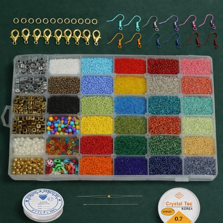 JAUNTY Beadsnfashion 36 Grid Cells Glass Seed Beads, Pearls, Acrylic and Alphabet Beads DIY Kit with Thread, Needle and Findings for Jewellery Making, Beading, Embroidery and Art and Crafts. 1