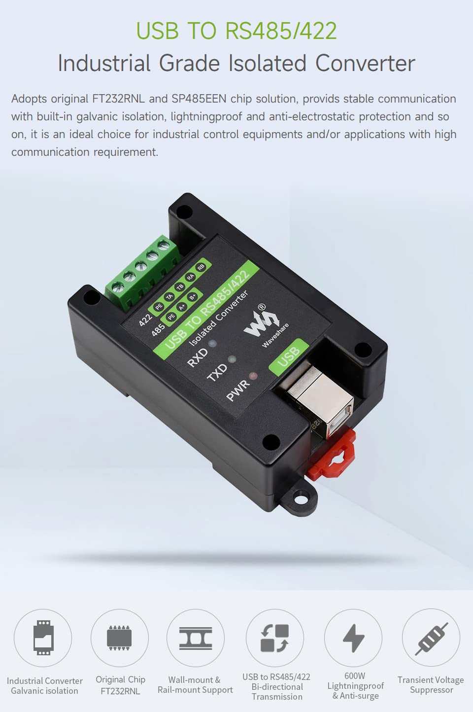 Waveshare USB to RS485/422, Industrial Grade Isolated Converter, Up to 1200m Long-distance Transmission, Compatible With Mac/Linux/Android/Win11/10/8.1/8/7, Support Wall-Mount & Rail-Mount - 4