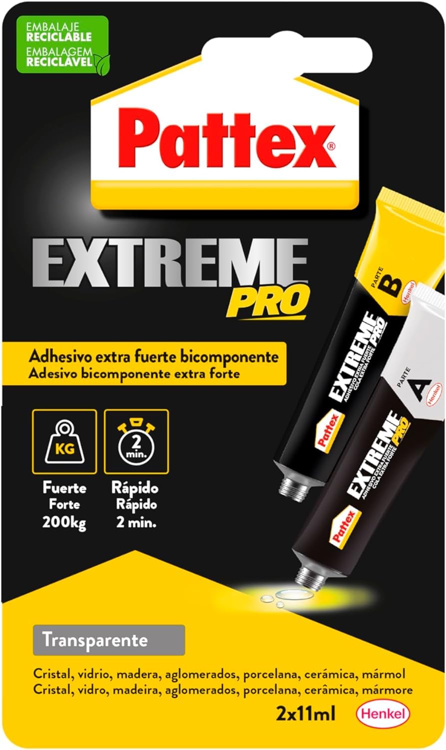 Pattex Extreme Pro, adhesivo extra fuerte multiusos y multimaterial, pegamento epoxi bicomponente de uso universal, pegamento instantáneo (2 min) transparente, 2 x 11 ml
