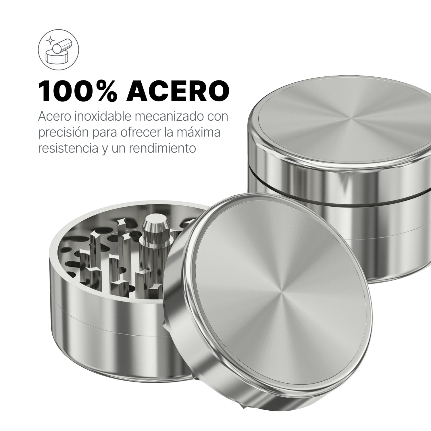 NOX Grinder aus Edelstahl, Präzisionslager 608Z, Quick Connect-System, 62 mm, 3 Teile, 490 g, Mühle für getrocknete Kräuter und Gewürze