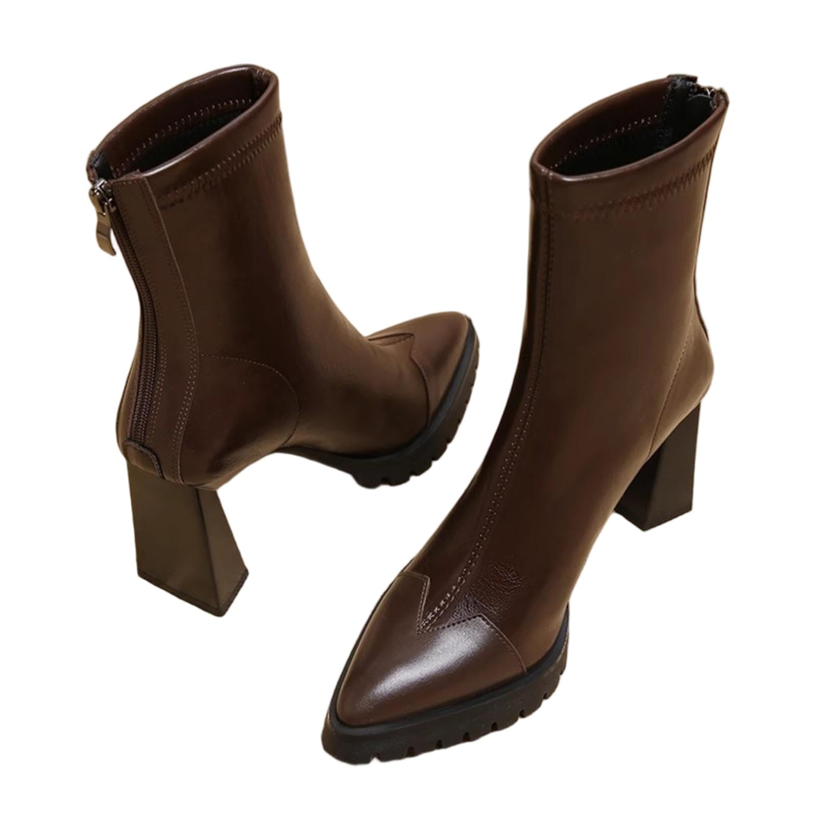 Womens Ankle Boots Chunky Heel Square Toe Short GoGo Booties Side Zipper Winter Dress Shoes High Block Heels