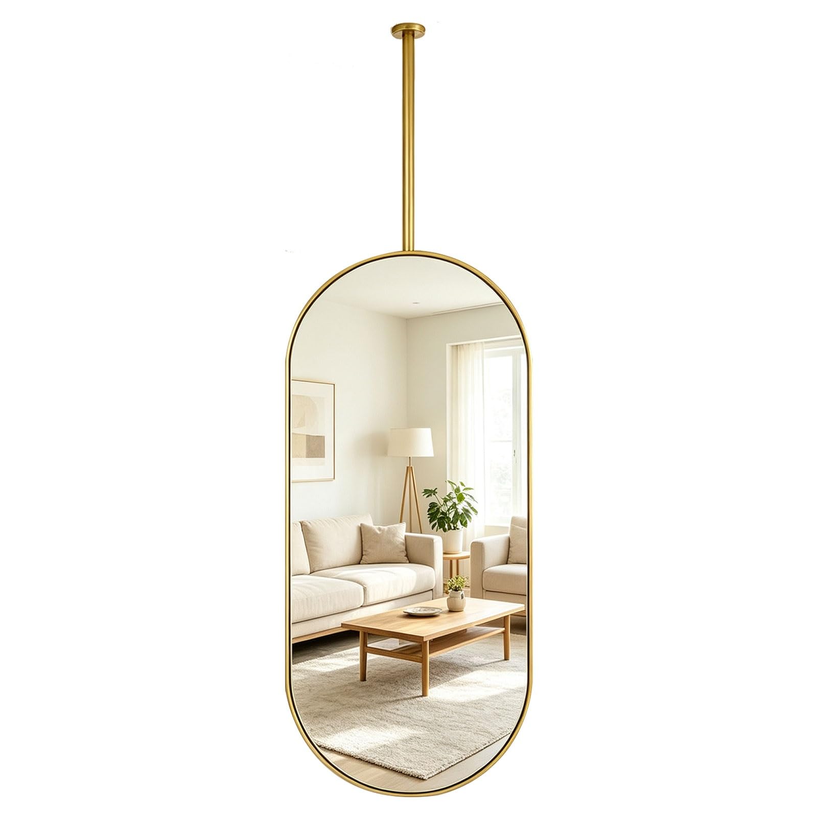 Miroir ovale moderne à tige suspendue, salle de bains monté au plafond | Miroir monté au plafond avec cadre et flèche en acier inoxydable brossé,pour salle d'eau,chambre à coucher(Gold,40cmx70cm)