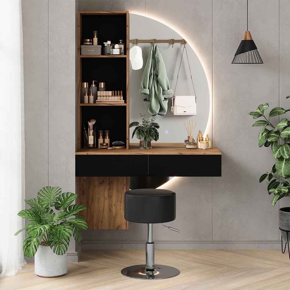 Vicco Tocador Melora, Roble/Negro, 100 cm | con espejo LED y taburete, para guardar cosméticos y accesorios