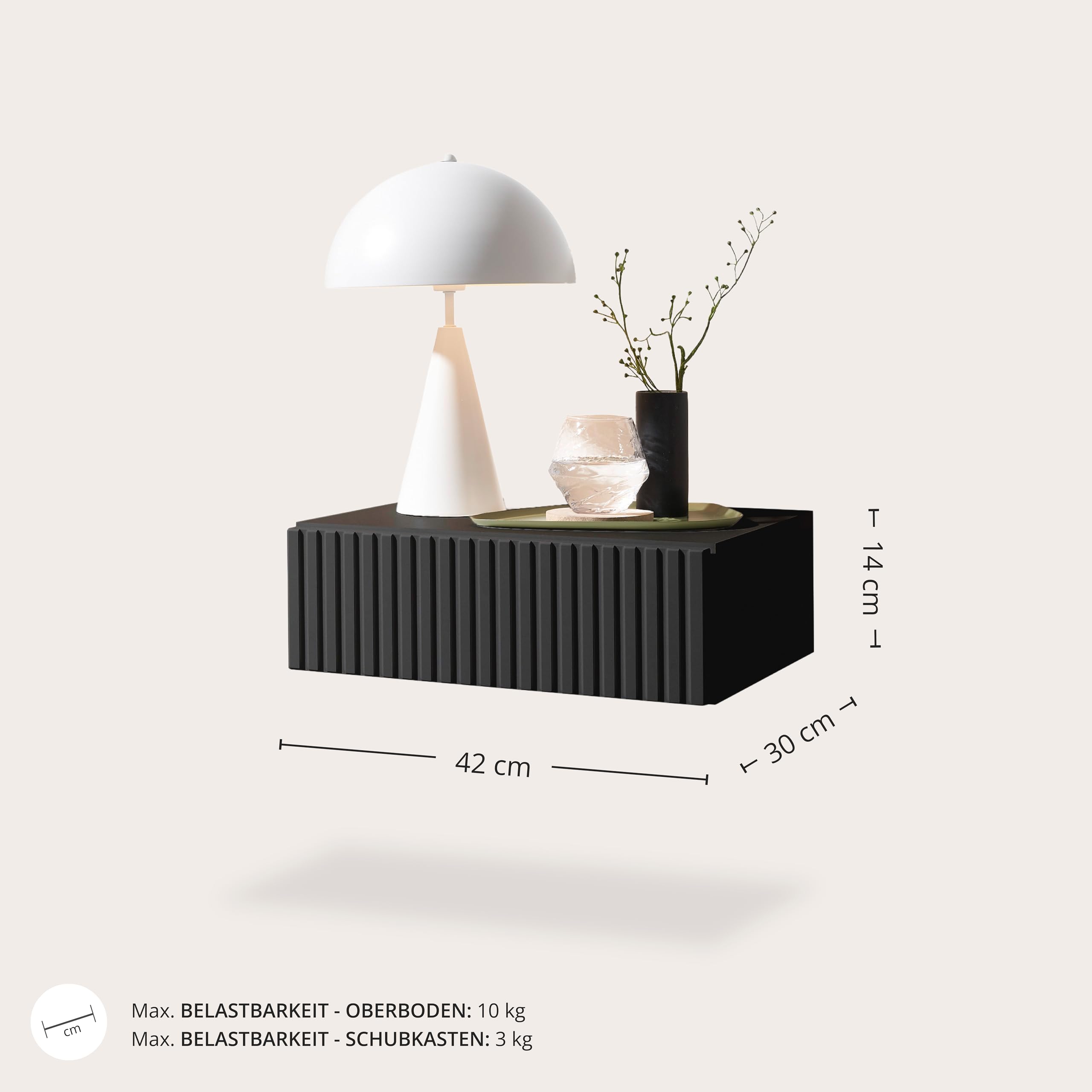 TABONI Nachttisch hängend Graphit Schwebender Nachtschrank 1 Schublade | 42 x 14 x 30 cm (B/H/T), Schlafzimmer, Push-to-Open-System, grifflose Front, Melamin Korpus, mit Stauraum