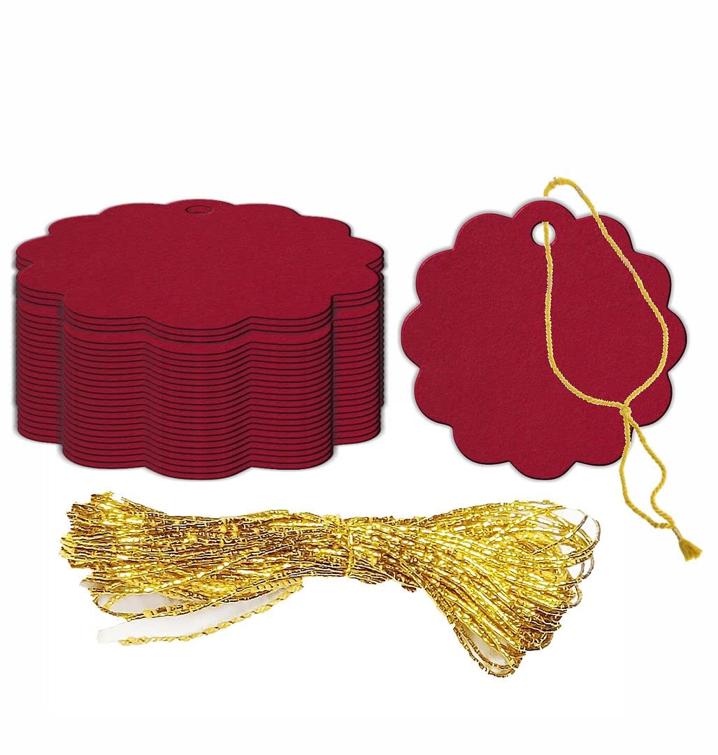 KREEPO Creative Ideas of Gift Tags Blank Label Hang Tag Double-Sided Printable Handmade Art/Kraft with Golden Strings for Festival Decoration Events Small Business etc 50pcs- Guardsman Red Colour