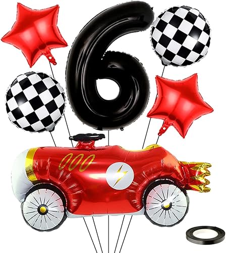 Weenkeey Globos de cumpleaños de auto de 6 carrera, globos de aluminio de 32 pulgadas, globo de helio negro número 6, bandera a cuadros, globo de