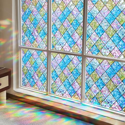 Image of Sunbaby Window Privacy Film Stained Glass Decorative Rainbow Window Cling 3D Static Clings Colorful for Home Decoration, Anti-UV & Heat Control Non-Adhesive (35.4 inchx78.7 inch)