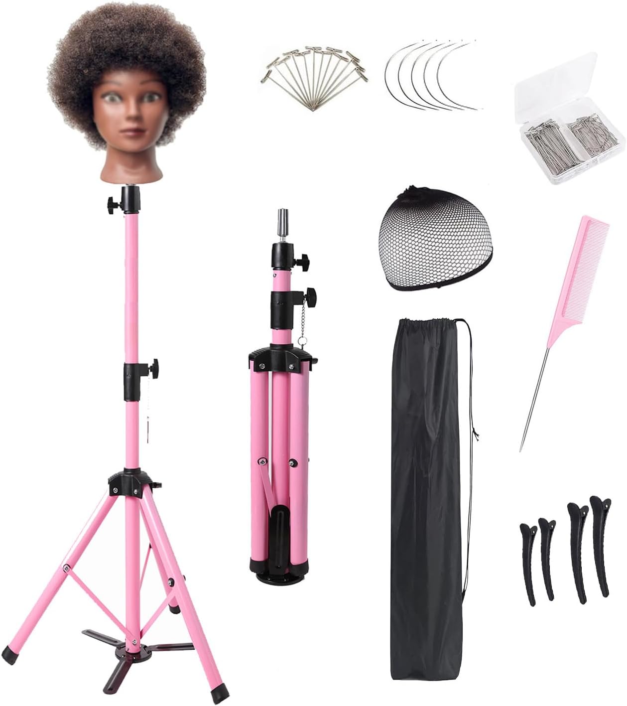 Heavy Duty Head Stand, Reinforced Mannequin Head Stand Tripod, Pink Wig Stand Tripod,Wig Stand for Styling, Adjustable Holder For Wig Making Display (55 inch with pedal)