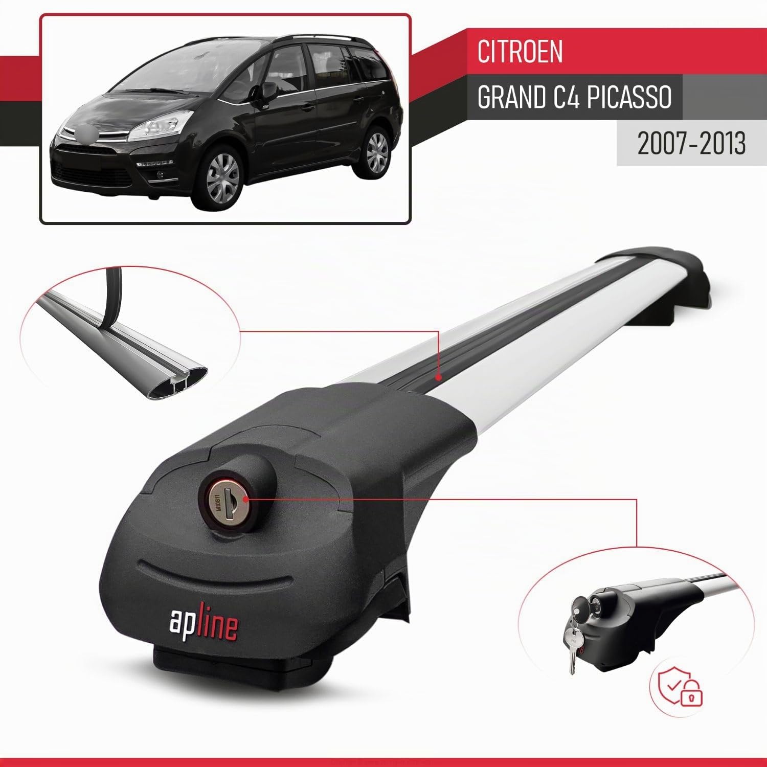 Compatible con Citroen Grand C4 Picasso 2007-2013 Modelo Ace-1 Barra de Techo Auto Portaequipajes Barras Transversales Gris Aluminio 2 Barras