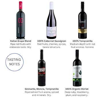 Non-Alcoholic Red Sampler - Five (5) Bottles 750ml Each - Featuring Elivo Cardio Red, Lussory Organic Merlot, Etoile Cab, Lussory Tempranillo, and Princess Rosso Dry (Spain, Italy, France)