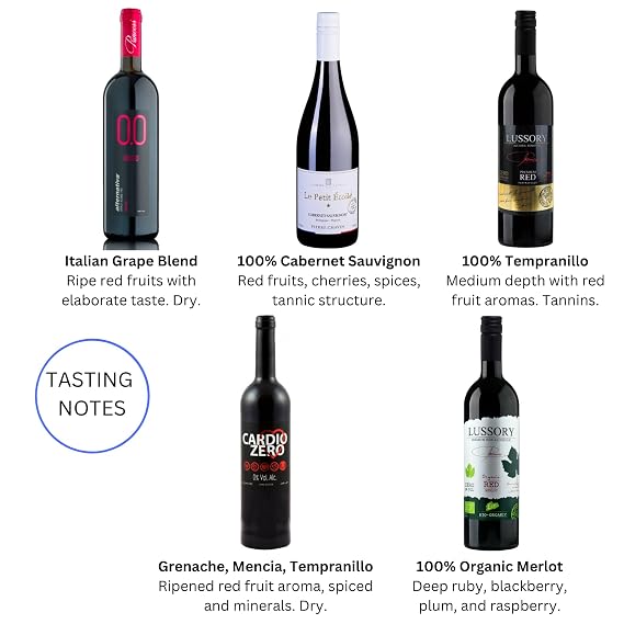 Non-Alcoholic Red Sampler - Five (5) Bottles 750ml Each - Featuring Elivo Cardio Red, Lussory Organic Merlot, Etoile Cab, Lussory Tempranillo, and Princess Rosso Dry (Spain, Italy, France)