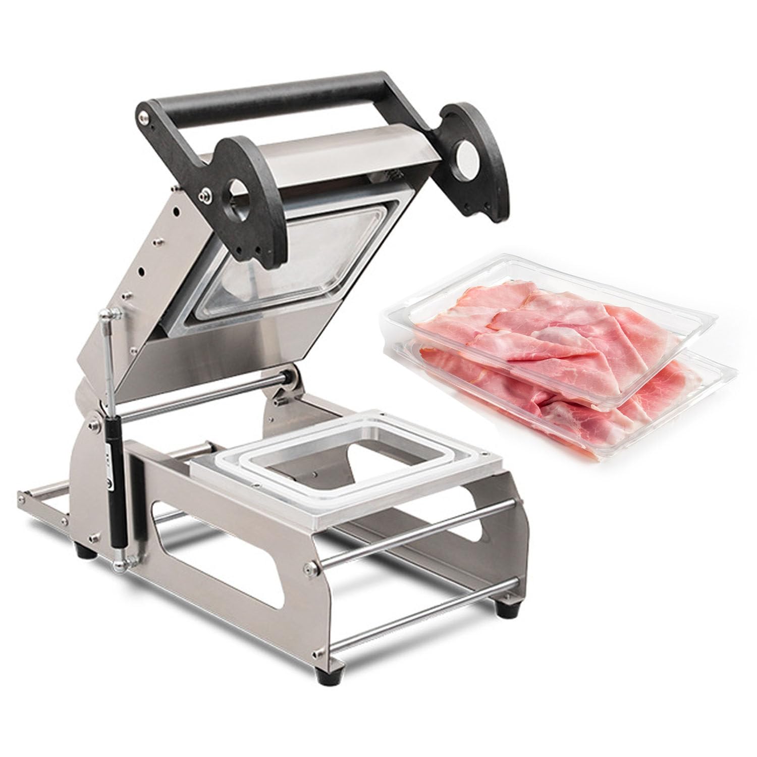 Sellador de bandejas a presión de mano comercial, máquina de sellado térmico, 7-8 sellos/minuto, acero inoxidable, para cajas para llevar, carne, pescado, alimentos cocinados, restaurantes
