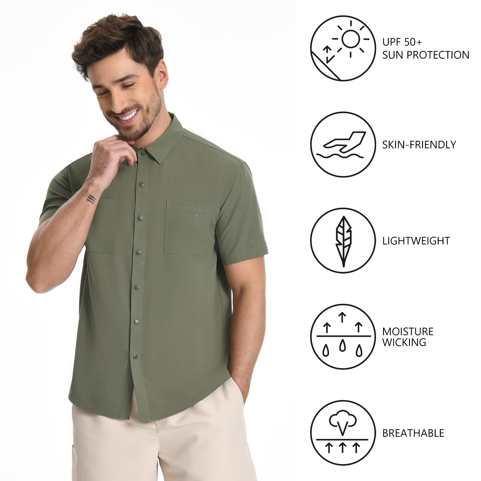 BASSDASH Camisa de manga corta UPF 50+ con botones a presión para hombre, ajuste regular, tejida, dos bolsillos, camisas de vestir casuales