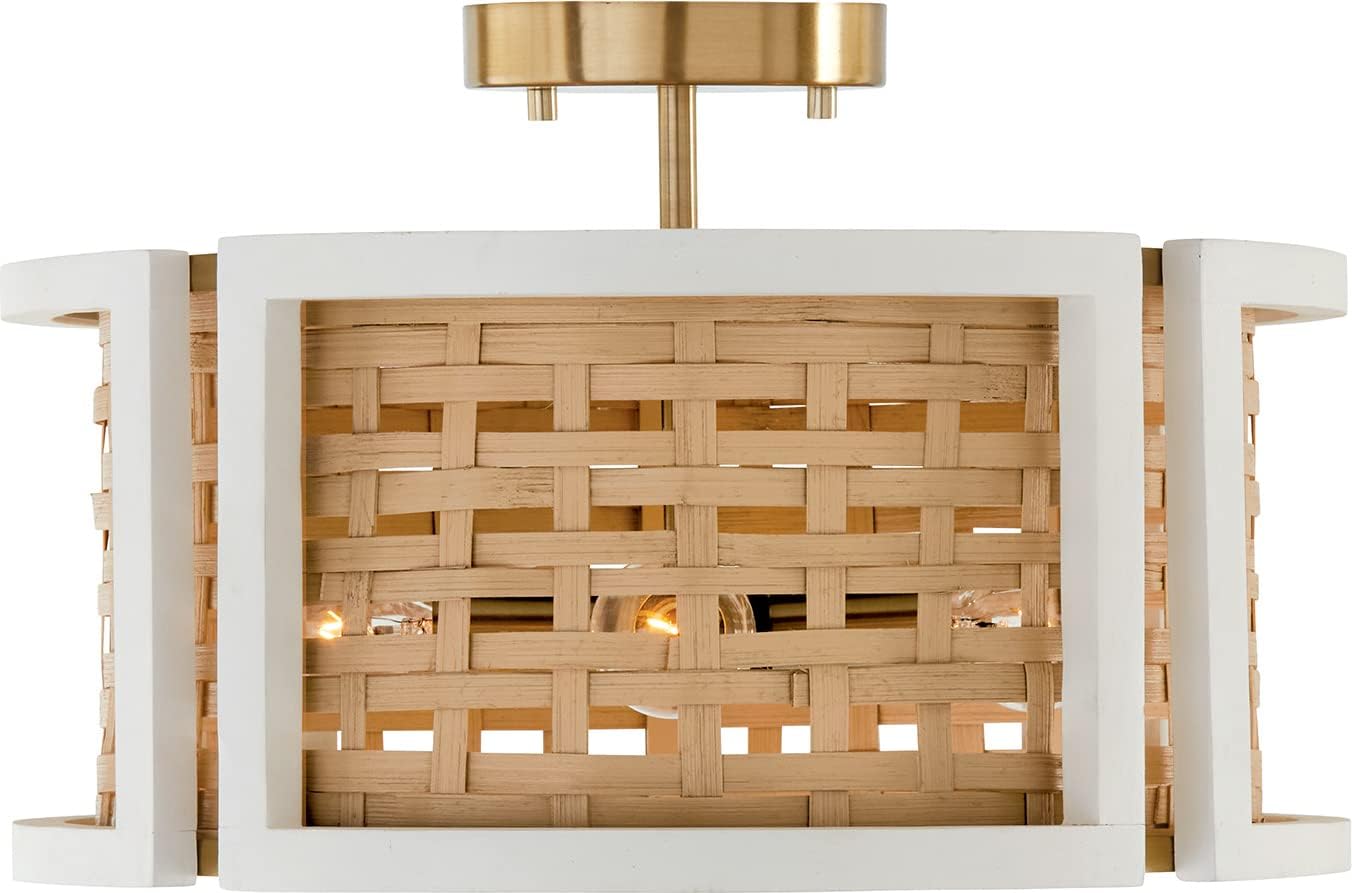 Capital Lighting 244341WM Lola Handcrafted Mango Wood and Rattan Convertible Drum/Semi Flush Ceiling Light, 4-Light 240 Total Watts, 11" H x 16" W, Flat White and Matte Brass