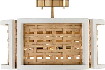 Capital Lighting 244341WM Lola Handcrafted Mango Wood and Rattan Convertible Drum/Semi Flush Ceiling Light, 4-Light 240 Total Watts, 11" H x 16" W, Flat White and Matte Brass