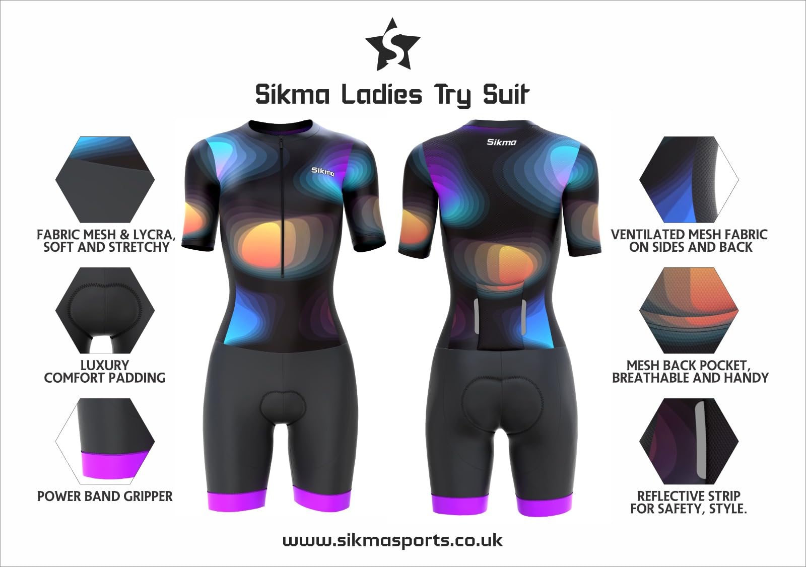 Sikma Tuta da triathlon da donna a mezza manica in rete traspirante imbottita con catarifrangente ad alta visibilità, una tasca posteriore e fasce elastiche per le gambe