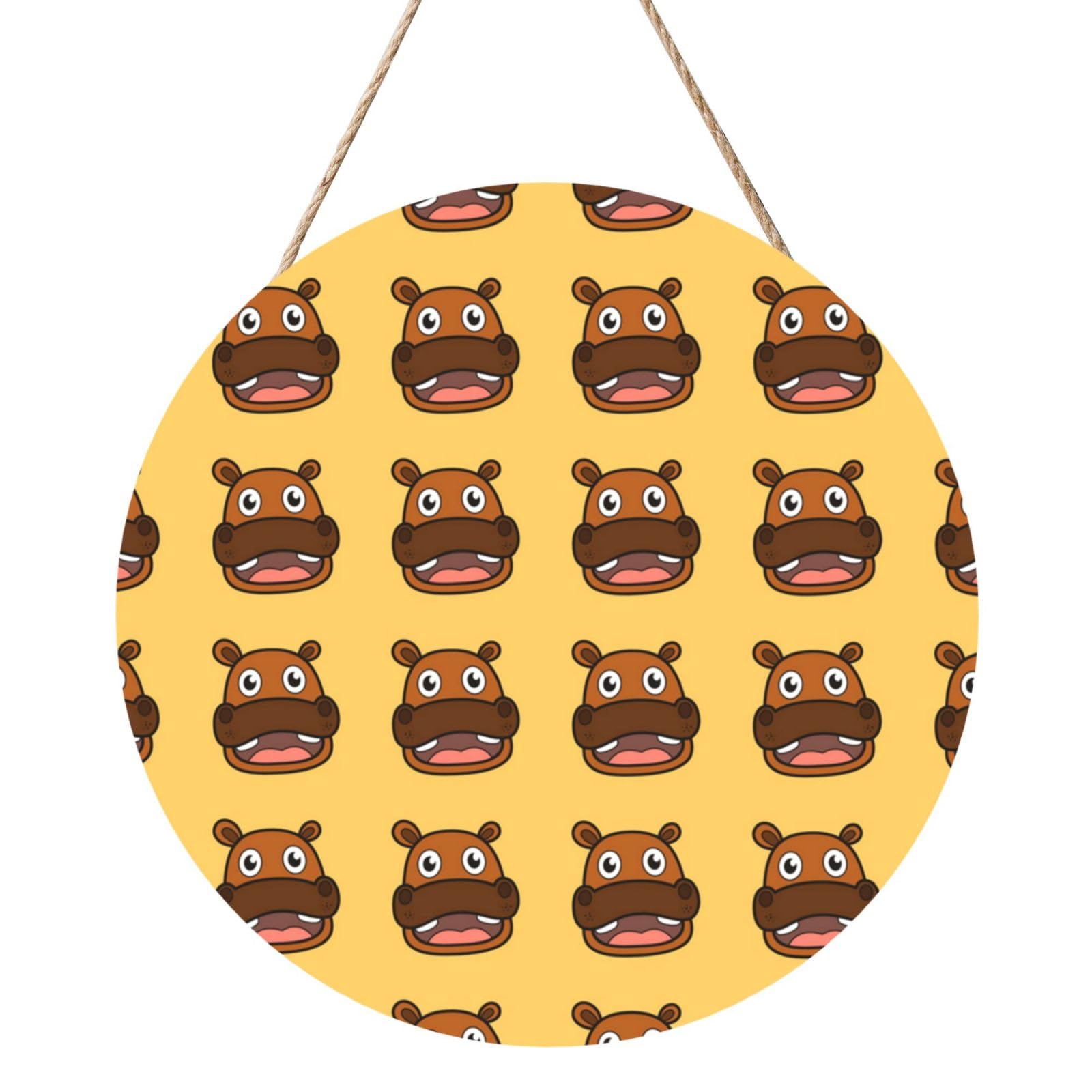 InOmak Happy Hippo, Round Wood Panel Painting 12 in, Wall Hanging Painting For Home