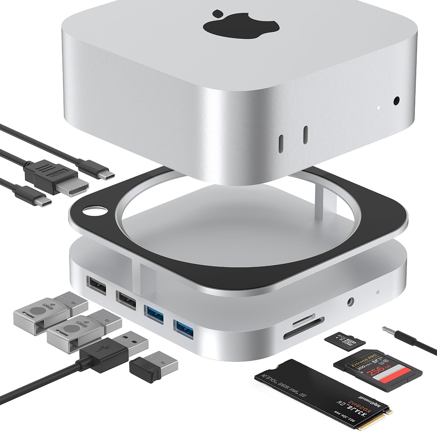 Mac mini M4 Dock, Mac mini M4 Pro Hub Stand with NVMe M.2 SSD Enclosure, HDMI 4K60 USB A 3.2 10Gbps, USB C Data Port, 3.0 TF SD Card Reader for Accessories Docking Station Mac mini Adapter Silver