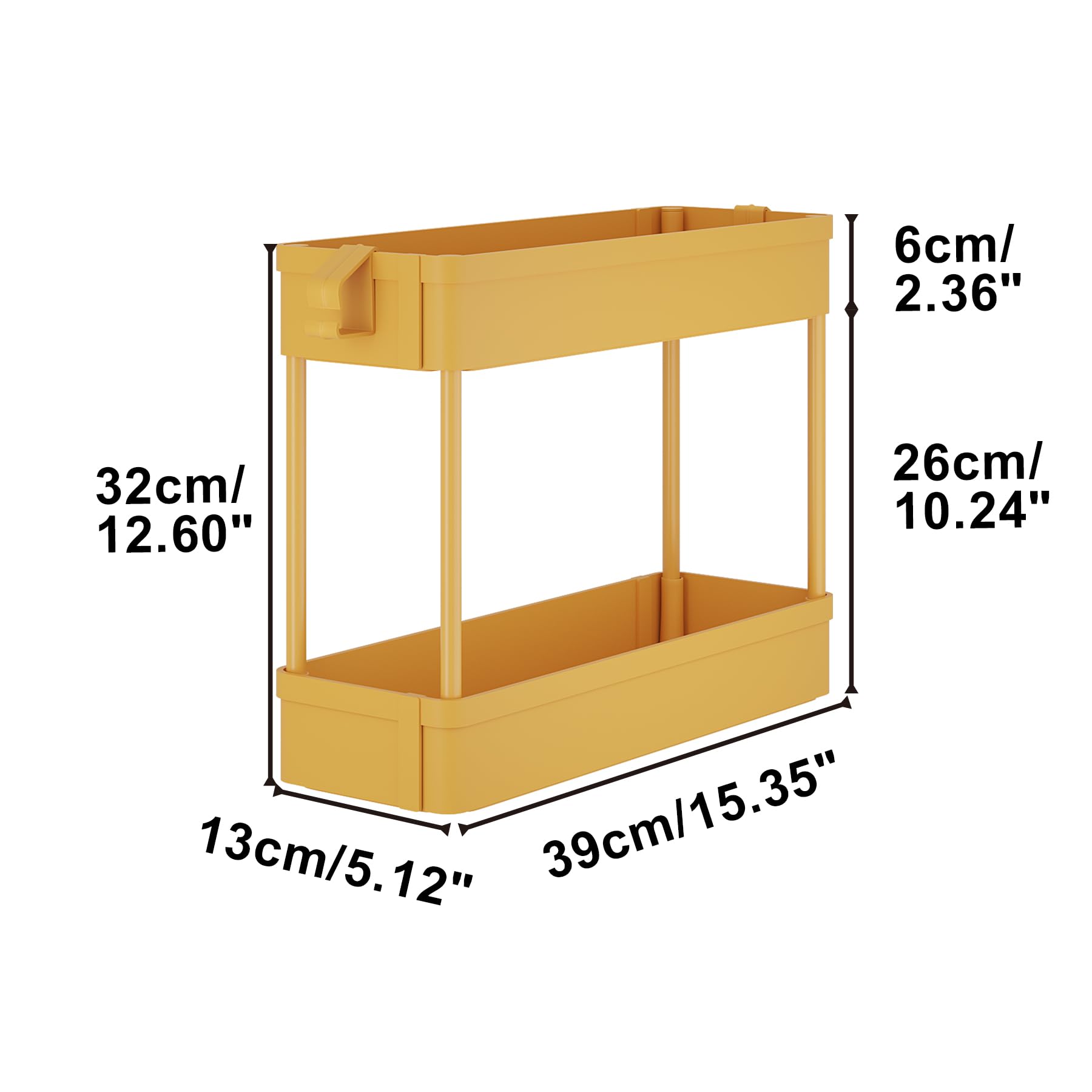 Boeeoan Under Sink Organizers Storage Rack, 2 Tier Under Bathroom Cabinet Shelf Basket, Multi-Purpose Storage Cart with Hooks for Kitchen Bathroom Bedroom Livingroom, Yellow