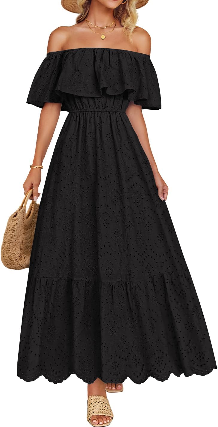 ZESICA Women's 2026 Summer Off Shoulder Ruffle Midi Dress Short Sleeve High Waist Hollow Out Embroidery Party Dresses