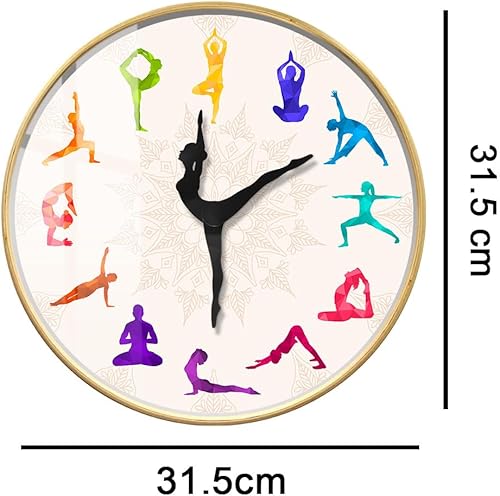Miniatura 2 de Reloj de pared de postura de yoga colorido de 12 pulgadas con marco de madera, cuarzo silencioso sin tictac, funciona con pilas, reloj de pared