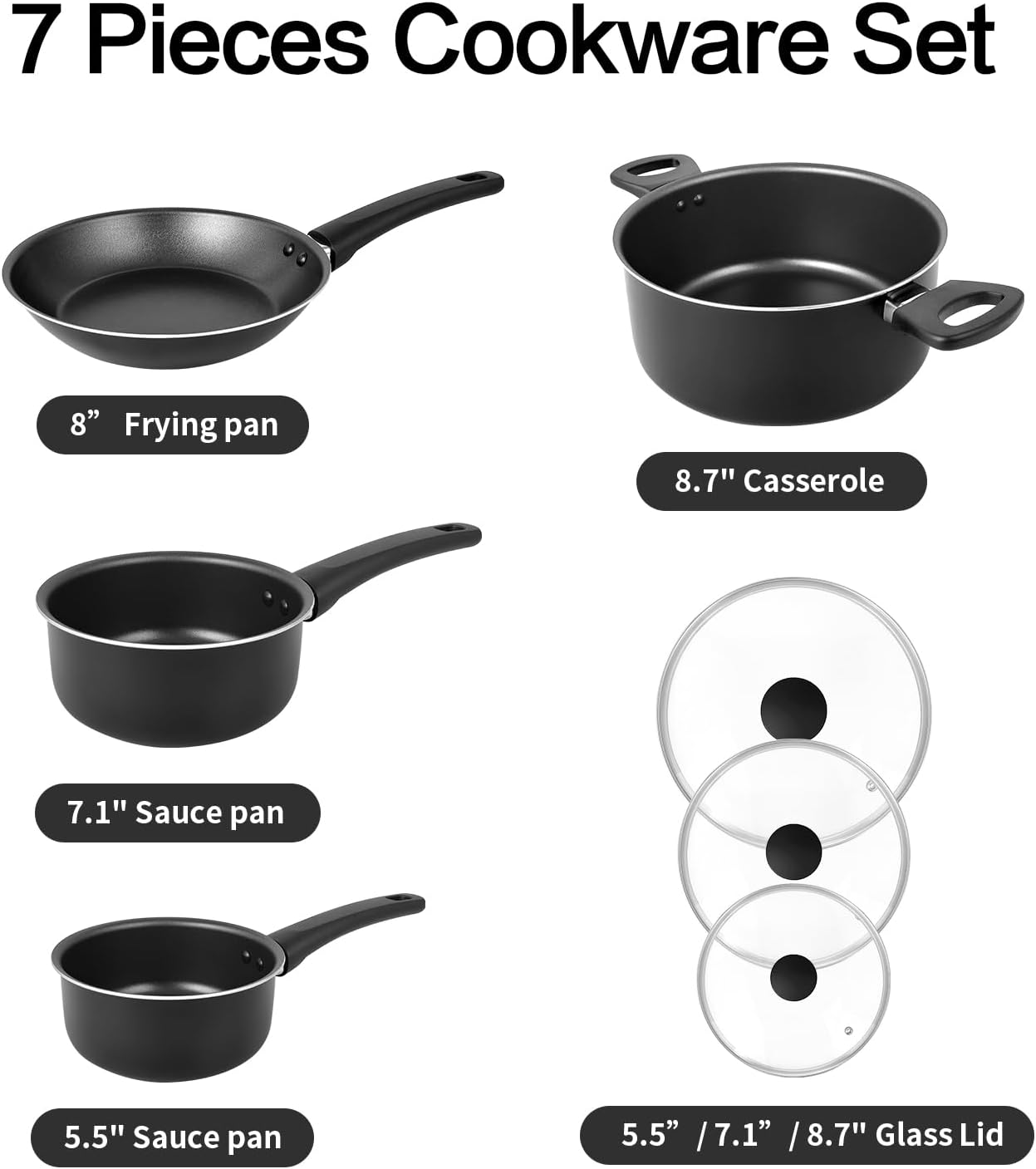 7-Piece Nonstick Kitchen Cookware Set, Pots and Pans Set Non Stick with Frying Pan, Non-Induction, Black