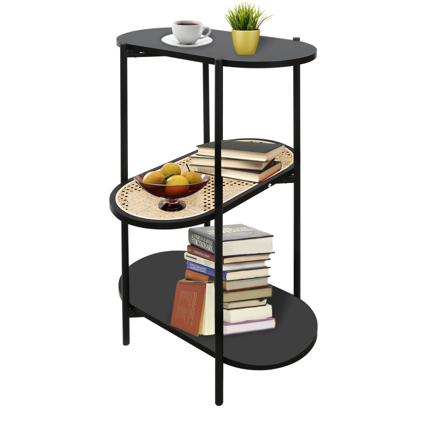 Third Floor Black End Table, Natural Tray Top Side Table Nightstand for Living Room, Dining Room and Bedroom,Pure Handmade, Elegant and Modern