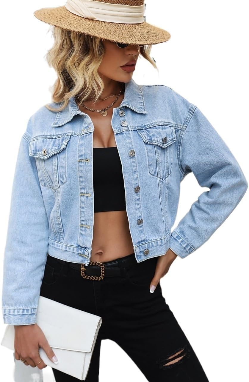 EFJONE Womens Clothes Fall Fashion 2023 Button Front Drop Shoulder Cropped Denim Jacket Long Sleeve casual Jackets