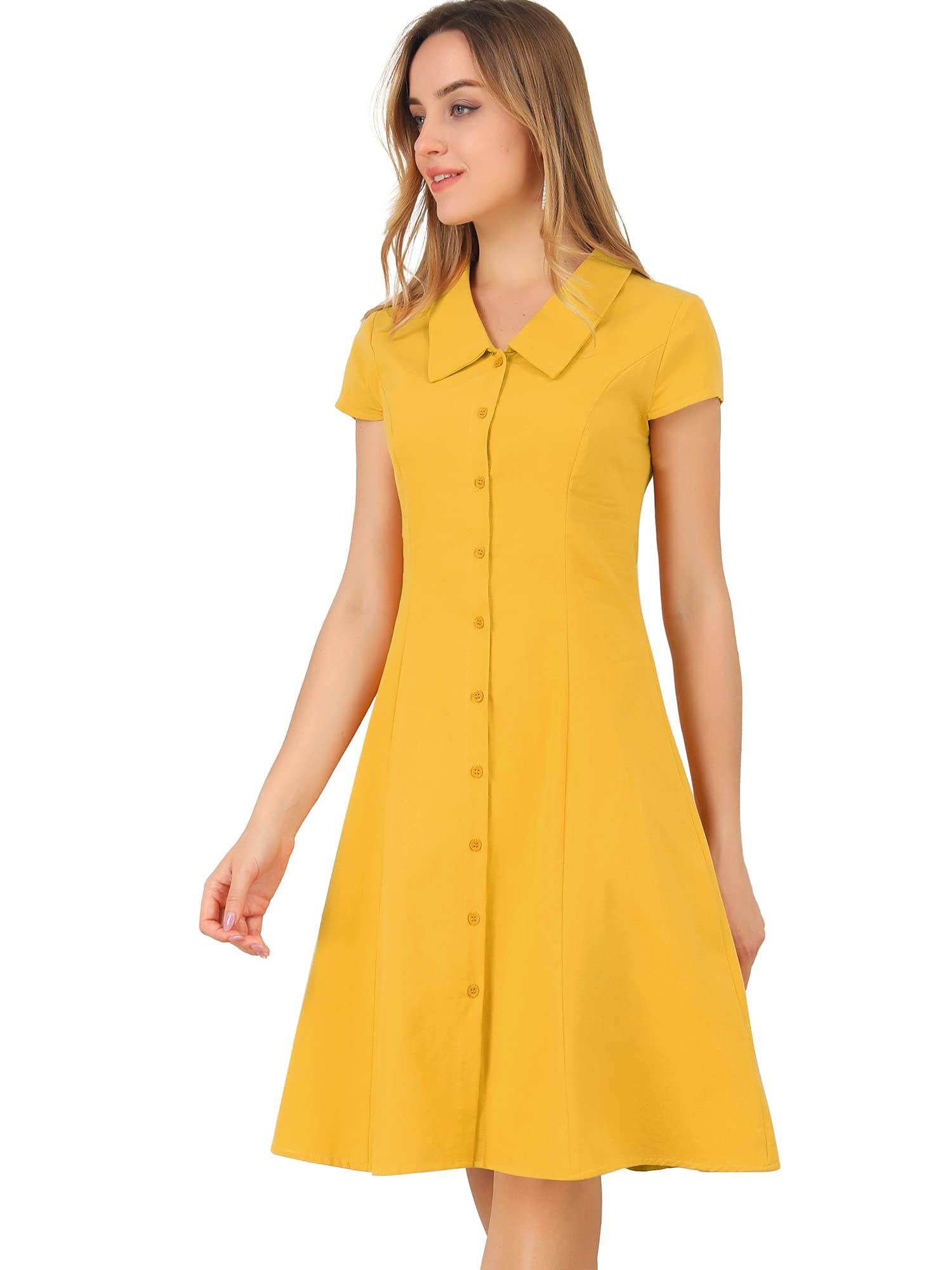 Allegra KWomen's Cap Sleeve Cotton Shirtdress Work Collar Midi Button Down Dress