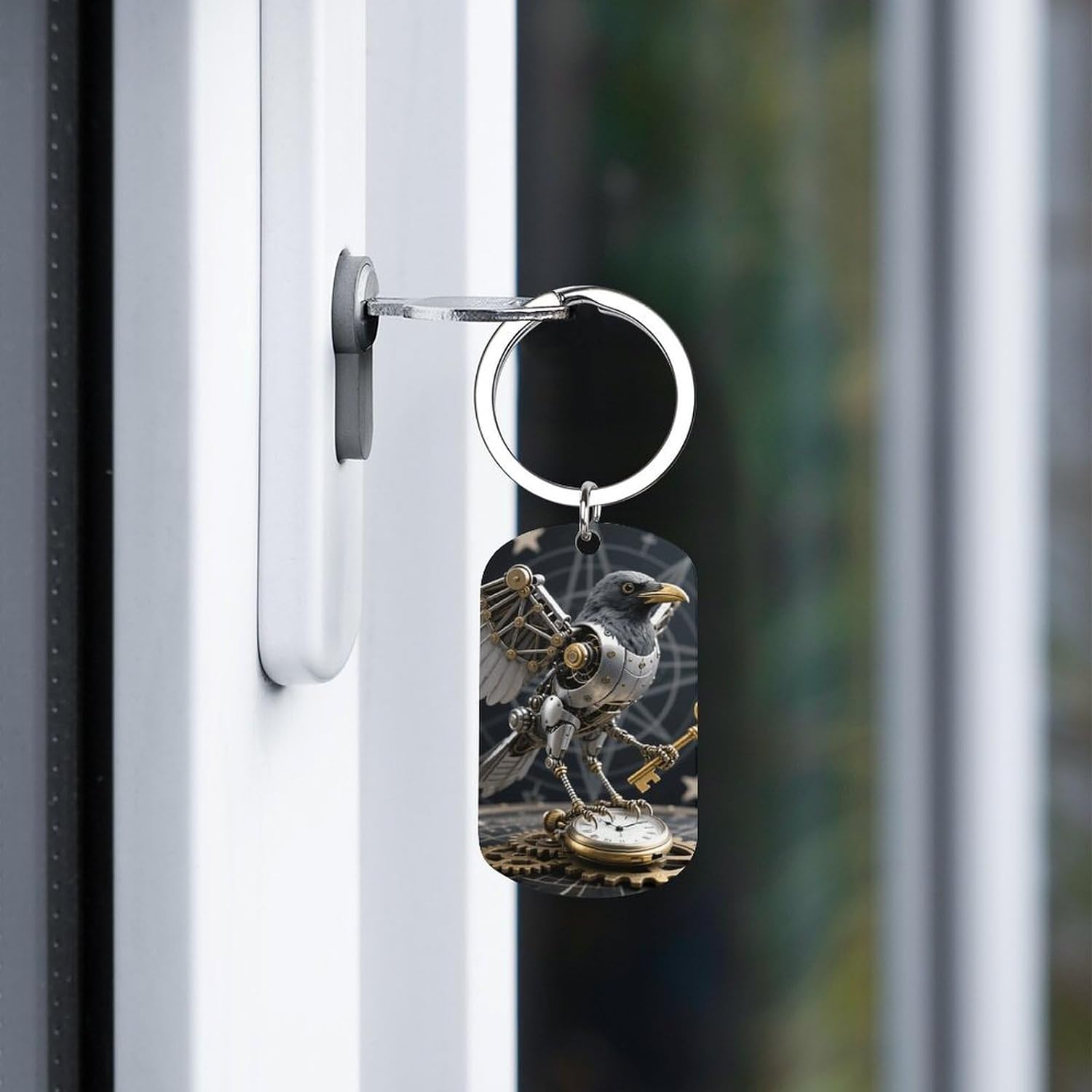 Durable Mechanical Crow Keyring Stylish Metal Keychains Rectangle Key Chain Double Sided Decorative Pendant with Key Fob Gift for Men Women Backpack Car Every Daily Use image 5