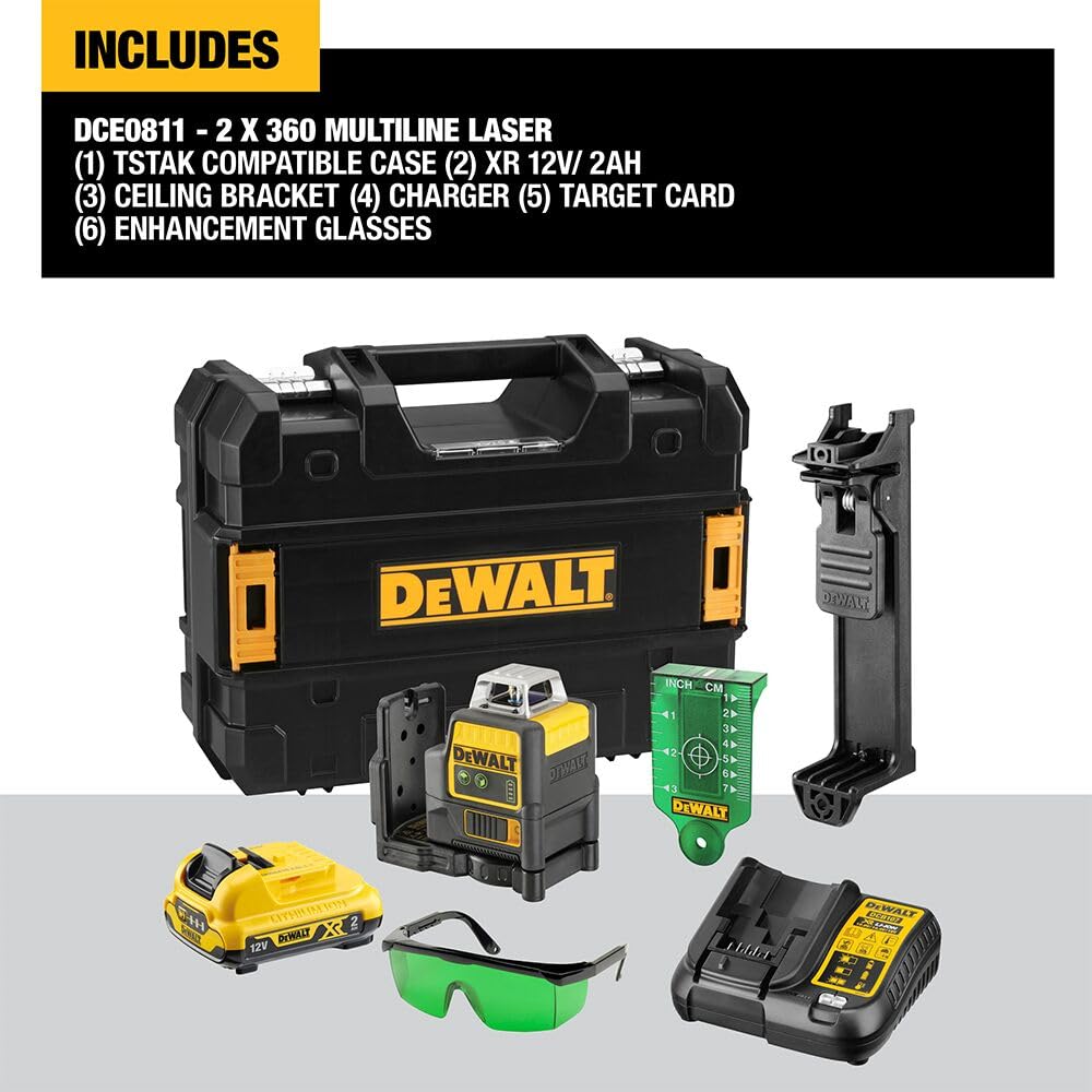 DEWALT DCE0811D1G-QW - Nivel Láser Autonivelante Verde, 2 Líneas 360°, Batería Li-Ion 2Ah XR 12V, Resistente IP65, Test de Caída 2m, Proyección Horizontal y Vertical, Incluye Pack de Batería 12V
