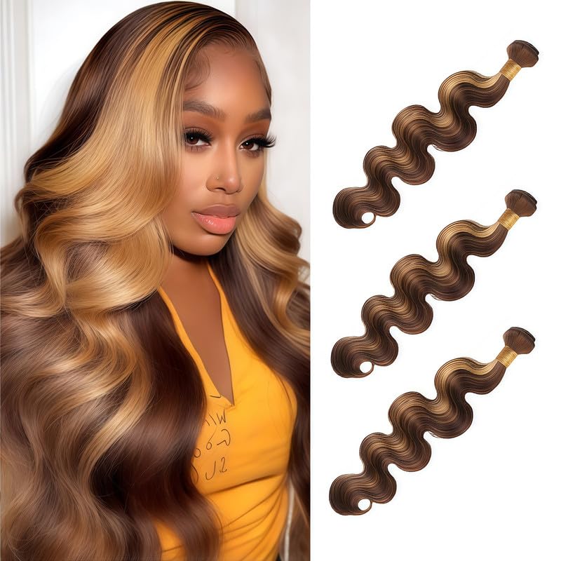 P4/27 Human Hair Body Wave Bundles 8 10 12 inch 12A Brazilian Virgin Ombre Hair Blonde and Brown Body Wave Human Hair 3 Bundles for Women P4/27 Color