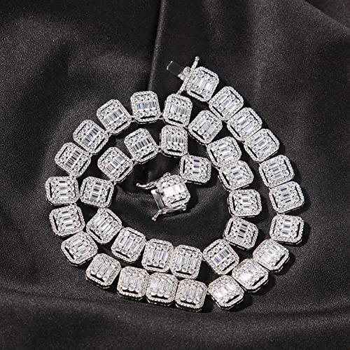 Lulu Mel 13Mm Baguette Choker Chain Micro Pave Bling Pink Square Cz Iced Out Cuban Link Chain Necklace/Bracelet Hip Hop Jewelry Gift (20", Silver/Necklace) #TOP2